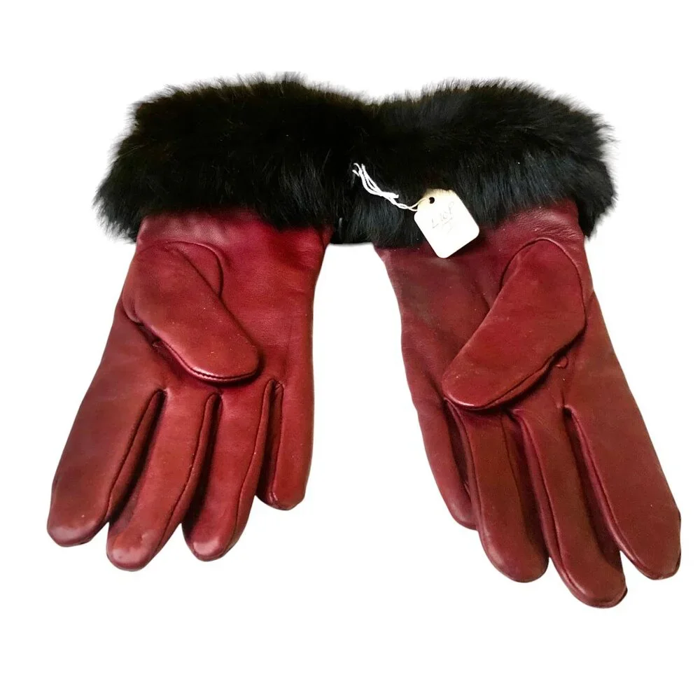 Vintage Leather Gloves Oxblood Brown Acrylic Lining Fur Cuffs Womens Large New